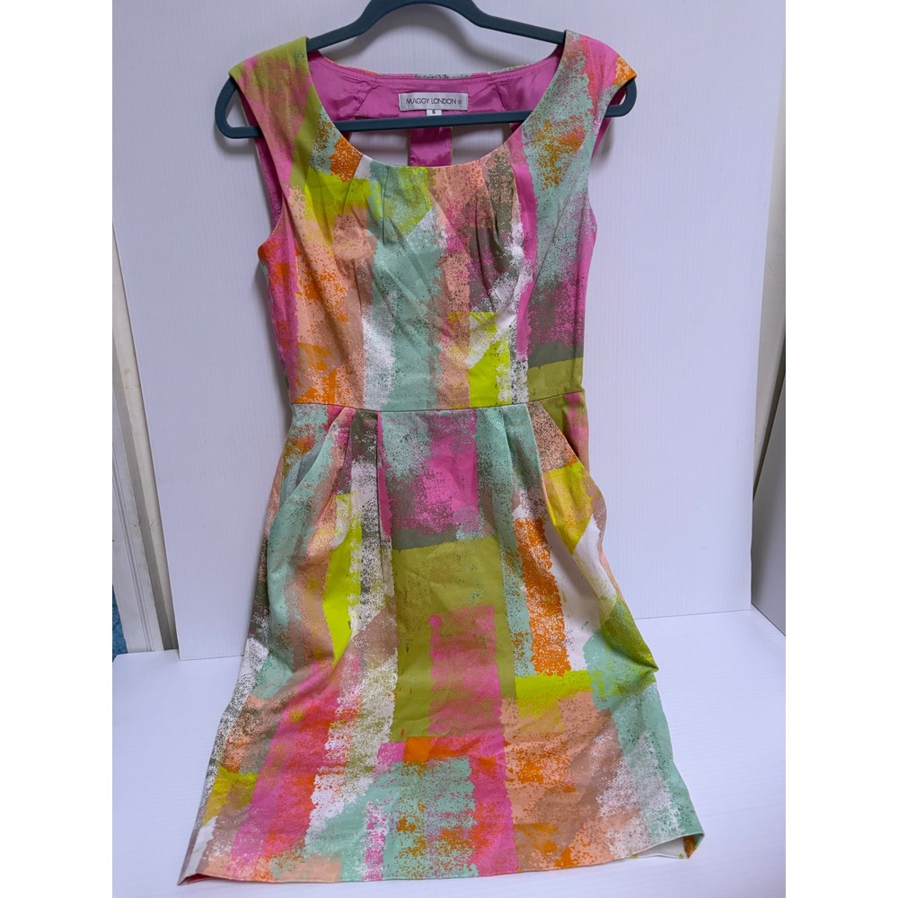 Maggy London Abstract Brushstroke Print Cutout Back Fit & Flare Pocket Dress 6